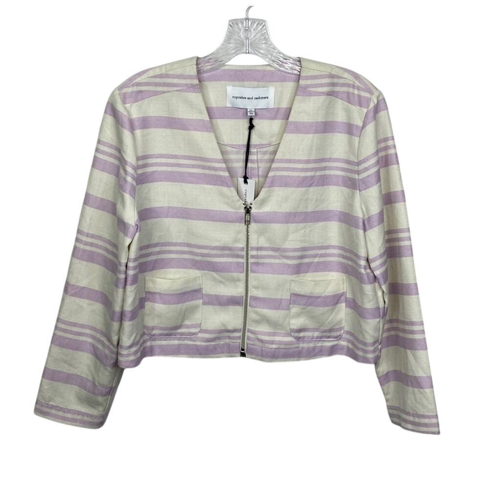 NWT Cupcakes and Cashmere Striped Cropped Jacket Purple Cream Zip Blazer M